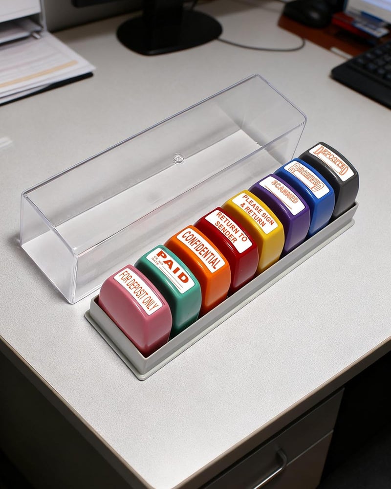 WAFJAMF Office Stamps Set 8-Pack Self-Inking Business Stamp for Office Document Reply Quick Work Info Handling Stamp with Storage Tray - Image 3